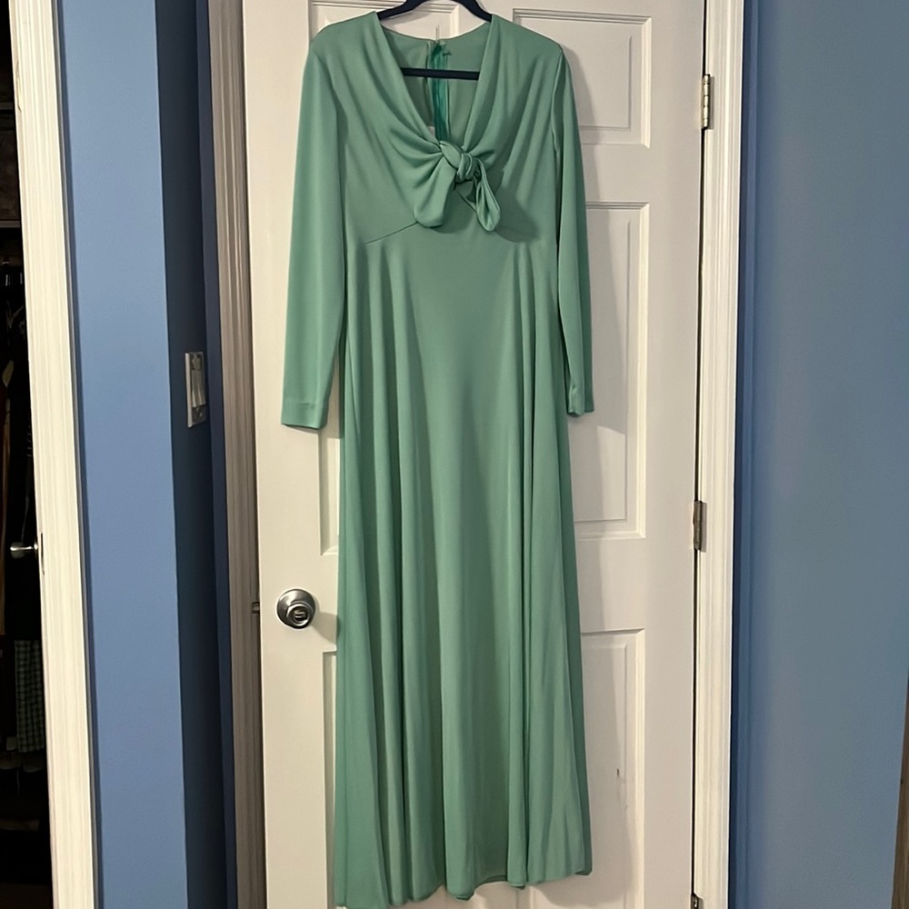 Vintage 70s Alyce Designs Inc mint green evening gown elegant boho bohemian